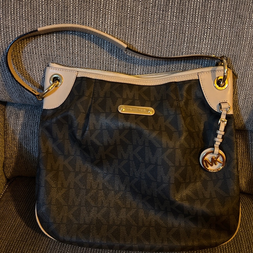 Michael Kors Brown and Beige Logo Shoulder Bag with Gold Hardware